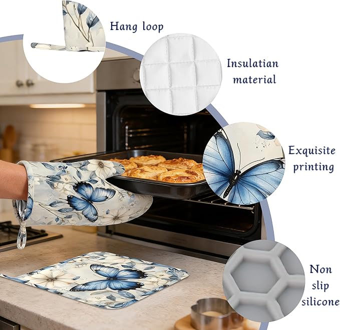 Oven Mitts and Pot Holders Sets Blue Butterfly Silicone Kitchen Mits Potholders Spring Floral Heat Resistant 4Pcs Oven Gloves Hot Pads for Baking Cooking BBQ Grilling Home Decor