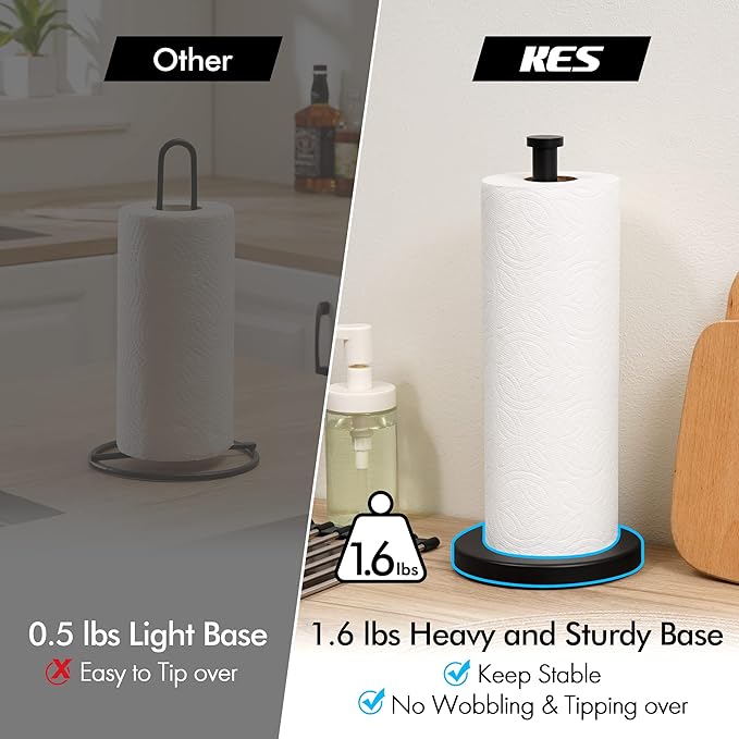 KES Black Paper Towel Holder Countertop Paper Towel Stand Kitchen Standing Paper Towel Roll Holder with Weighted Base for Standard or Mega Rolls SUS304 Stainless Steel Matte Black, KPH202S14B-BK