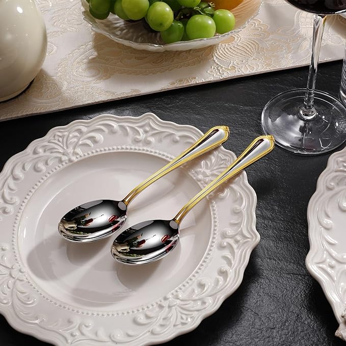 KEAWELL Pearl Edge 4-Piece Premium Spoon Set, 18/10 Stainless Steel, Fine Silverware Spoons with Refined Bead Design, Brightly Polished, Dishwasher Safe (Gold Accent, 6.3" Condiment Spoons)