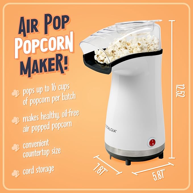 Nostalgia Air Popper Popcorn Maker – 16 Cups Oil-Free Pop Corn – Includes 4-oz Measuring Cup – Perfect for Family Movie Nights – White