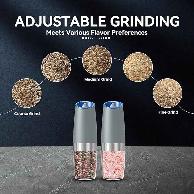 Gravity Electric Salt and Pepper Grinder set of 2, Automatic Salt And Pepper Grinder Set, Adjustable Roughness, Battery Powered, LED Light, 2 Pack, (Light Grey)