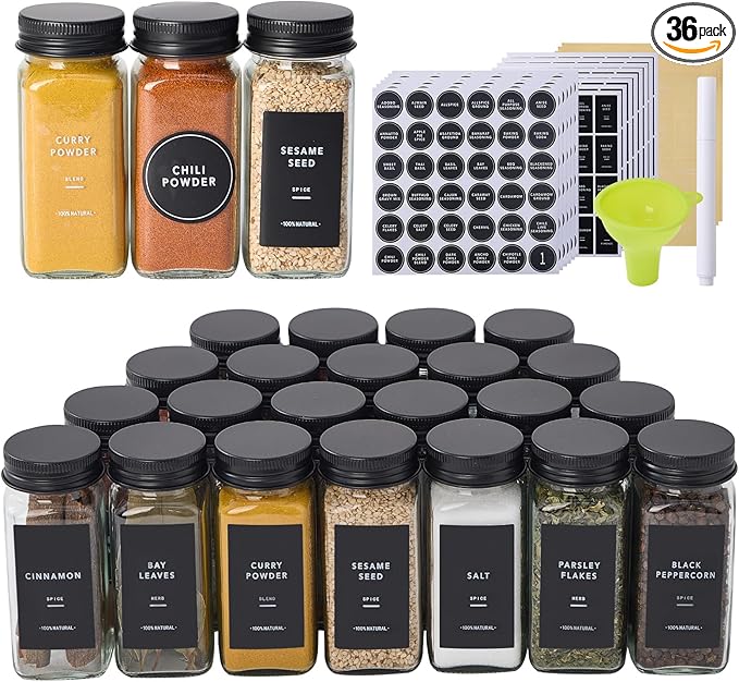 36 Glass Spice Jars with 576 Labels-Spice Jars with Black Metal Caps, 4oz Empty Square Spice Containers with Shaker Lids, Funnel, Pen, Seasoning Bottles for Spice Rack, Drawer, Cabinet