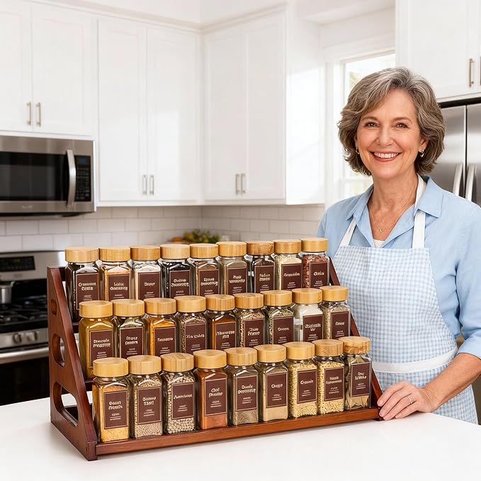 Spice Rack, Spice Organizer -3 Tier Bamboo Spice Racks, Solution for Spice Storage in Kitchens, Countertops，Storage Rooms and Other Places(Brown)