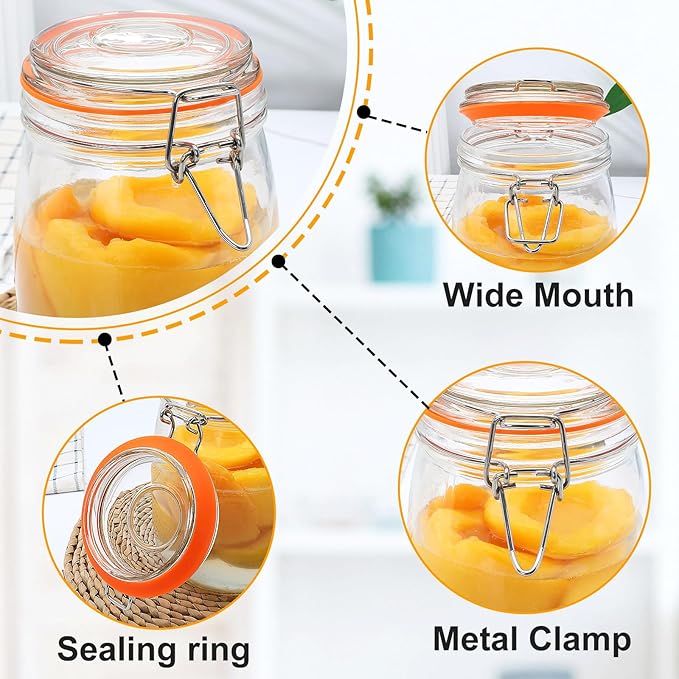 32 oz Wide Mouth Mason Jars with Airtight Hinged Lids, Large Glass Jar with Lid for Pickling, Fermentation, Canning, Food Storage – Set of 4 Glass Storage Containers