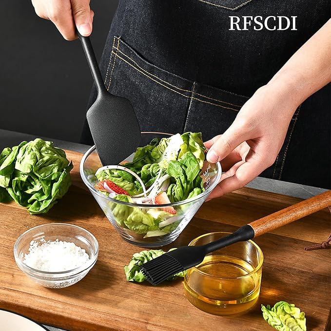Exquisite Silicone Cooking Utensils Set - Non-Toxic, Heat-Resistant Kitchen Utensils Set with Food-Grade Silicone & Wood Handles - Includes Spatula & Spoon for Non-Stick Cookware, Black