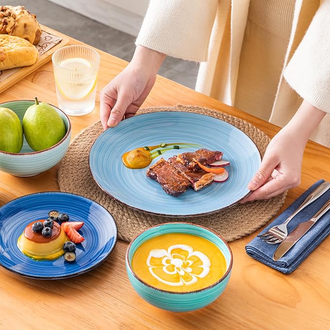 vancasso Bonita Plates and Bowls Sets 18 Pieces Blue Stoneware Service for 6, Modern Round Dinnerware Sets, Hand-Painted Spiral Dishes Set-Microwave and Dishwasher Safe (Blue,18 Pcs)