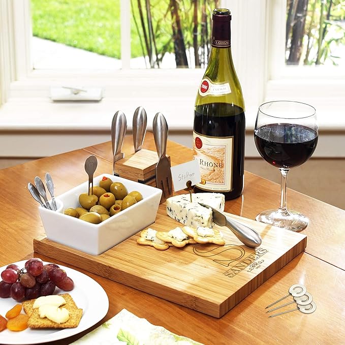 Custom Personalized Engraved Bamboo Cutting Board for Cheese & Charcuterie with Ceramic Dish, Knife Set, Cocktail Sticks & Cheese Markers -by Picnic at Ascot USA