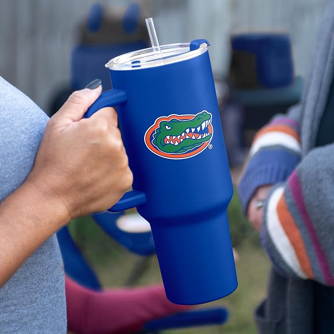 Logo Brands NCAA 40 oz Tumbler with Handle -Stainless Steel Insulated Travel Tumbler with Straw Lid – Powder Coated, Leak-Resistant, Keeps Drinks Hot/Cold – Great for Tailgating, or Everyday Use