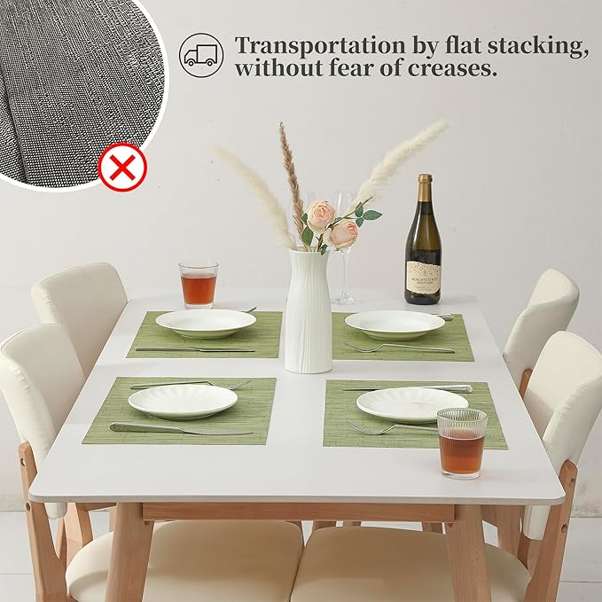 Leetaltree Pea Green Placemats Set of 6 - Heat Resistant Non-Slip Place mats for Dining Table, Washable Durable PVC Vinyl Woven Table Mats（Pea Green, 6）