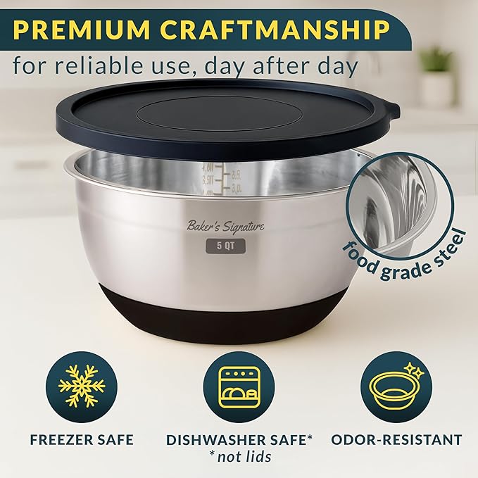 Baker's Signature Stainless Steel Mixing Bowls with Lids Set, 5 Sizes, 3 Graters, Non-Slip Base, Airtight Lids, Metal Mixing Bowls for Kitchen, Food Prep, Storage, 0.63QT-5QT, Black