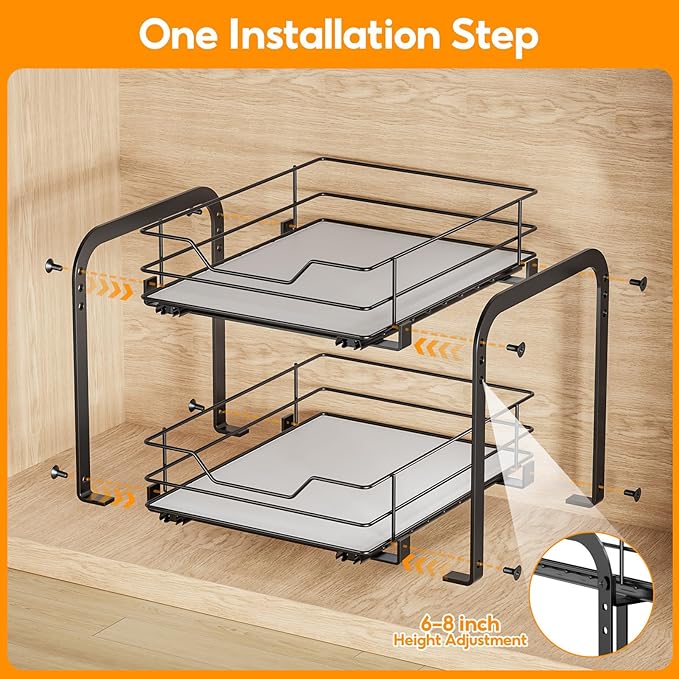 Spice Rack Organizer for Cabinet, 2 Tier Vertical Pull Out Spice Rack – Heavy Duty Metal Spice Organization for Cabinet, 60-Jar Capacity, Height Adjustable Cabinet Organizer, 13.58''Wx10.5''Dx9.5''H