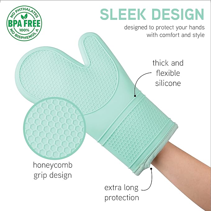 COOK WITH COLOR Silicone Oven Mitts- Heat Resistant Gloves with Soft Quilted Lining Oven Mitt Pot Holders for Cooking and BBQ, Mint, Mitt Set
