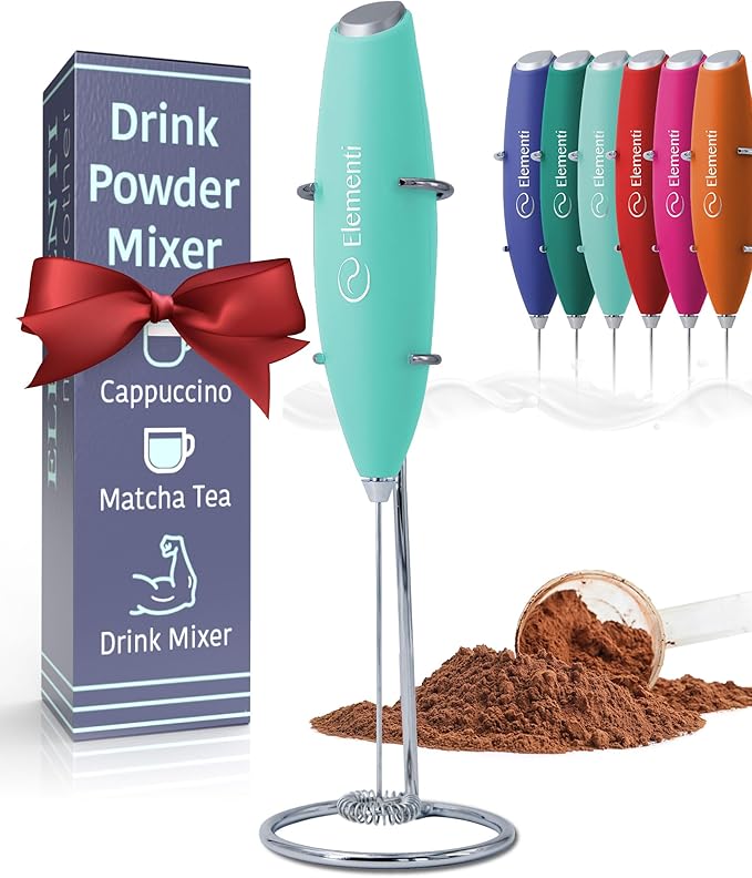 Elementi Drink Mixer Handheld - Electric Drink Stirrer for Powder Drinks - Protein Powder Mixer Wand & Frother - Hand Frother with Stand (Mint Green)