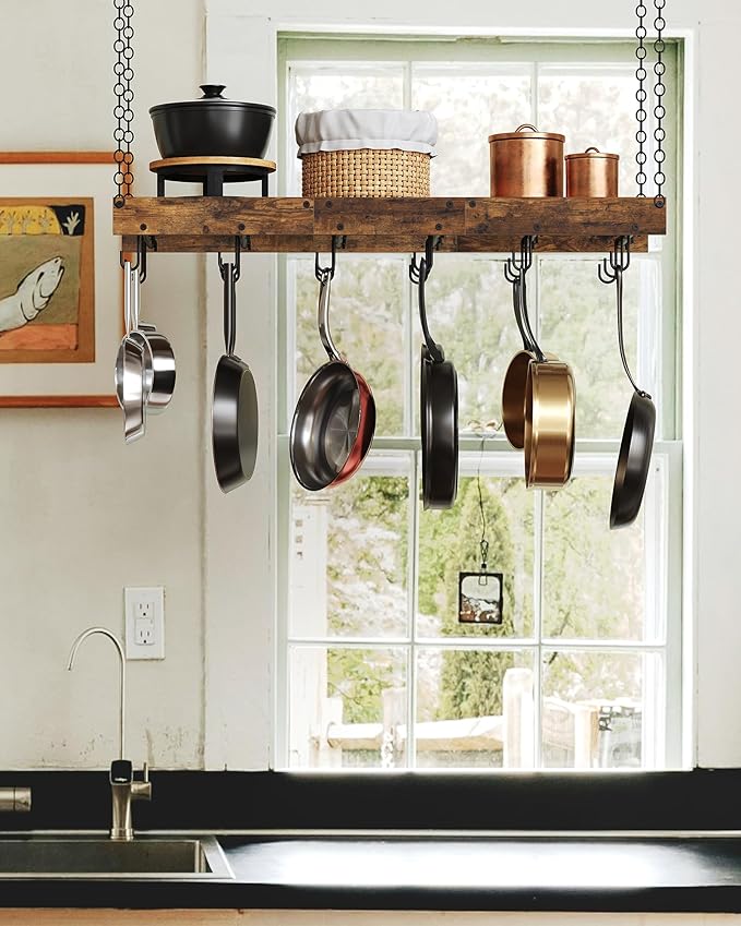 CHOEZON Hanging Pot Rack, Ceiling Wall Mounted Pot Rack for Kitchen, Industrial Style Pot Hanger with 18 Hooks, Cookware Storage Organizer, for Pots and Pans, Rustic Brown and Black TPR12BFC1