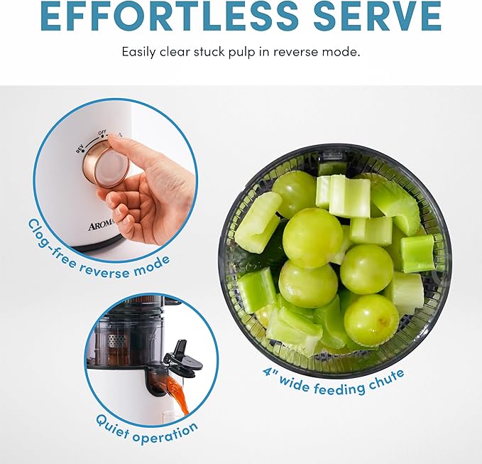 AROMA® Cold Press Juice Machine Slow Masticating Fruit and Vegetable Juicer for Home with Large 4-Inch Feeder and Double Pulp Filter