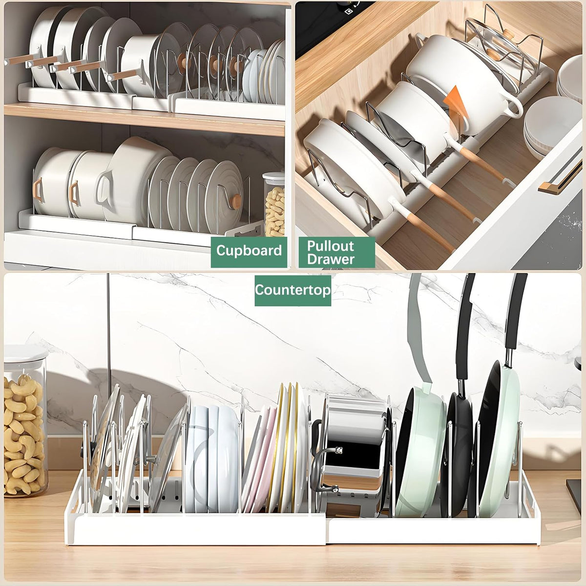 Pot and Pan Organizer, Expandable Pots and Pans Organizer Under Cabinet, Pot Lid Holder with 10 Adjustable Compartment for Bakeware, Cutting Boards, Lid, Dishes, Cookware (1 Pcs)
