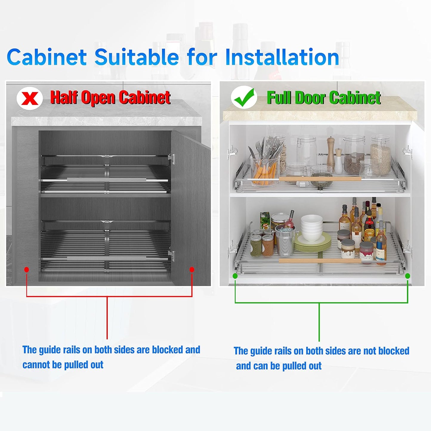 Expandable Pull Out Cabinet Organizer,17.1~28"W x 22.5"D Heavy Duty Slide Out Shelves Adjustable Height Cabinet Pull Out Shelves,Expandable Width Spice Rack Organizer for Kitchen Cabinet