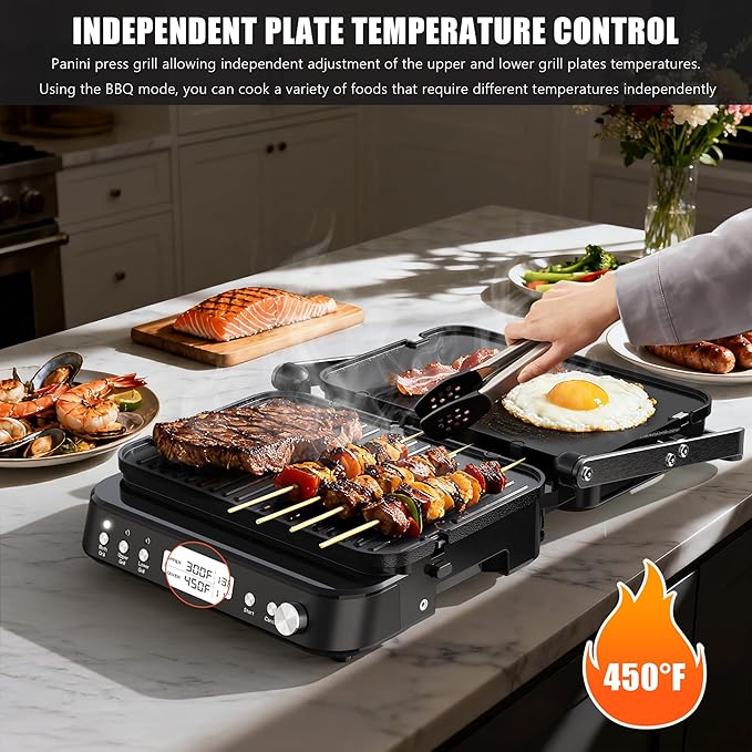 CATTLEMAN Panini Grill Press Sandwich Maker with Removable Plates, 1600W, 6 in 1 Waffle Maker & Electric Indoor Grill with Meat Thermometer, PFAS Free Ceramic Nonstick Reversible Plates, Opens Flat