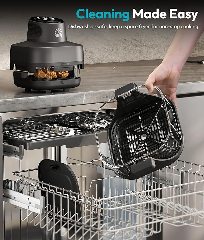 Rellytech Portable Glass Air Fryer - 1500W, 4.2 QT & 6-Cup Dual Glass Containers with Lids, 4-in-1, 60 Min Timer, 140°F-400°F Adjustable, Microwave, Freezer & Dishwasher Safe, Grey