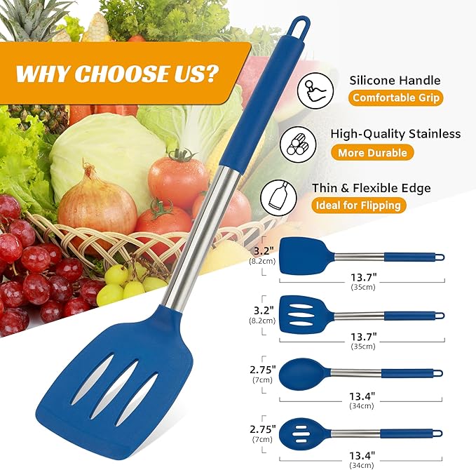 Kitchen Utensils Set of 4 Pack,Silicone Cooking Utensils Set for Nonstick Cookware,Perfect for Baking and Mixing,Spatula Set BPA Free,Dishwasher Safe,Blue