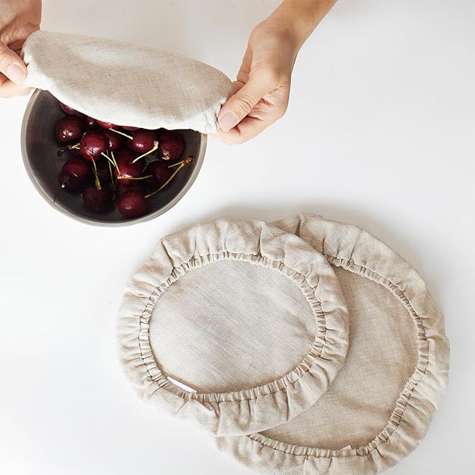 100% Pure Linen Bowl Covers For Bread Proofing, 2 Pcs 10 Inches Elastic Reusable Solid Color Cloth Fabric Bowl Covers,Medium Organic Washable Large Stretch Sourdough Lids, Linen