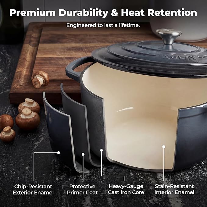 Zulay Kitchen 7.7 Quart Enameled Cast Iron Dutch Oven Pot with Lid – Premium Durability & Oven Safe up to 500°F – Heavy Duty Cookware Perfect for Bread Baking, Stews, Braising & Roasting – Gray