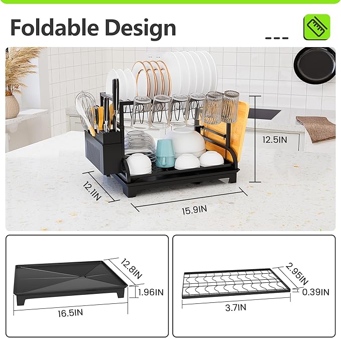 2-Tier Foldable Dish Drying Rack with Drainboard, Stainless Steel Large Capacity Kitchen Counter Organizer with Cup Holder, Utensil & Cutting Board Storage, No Assembly Required, Black