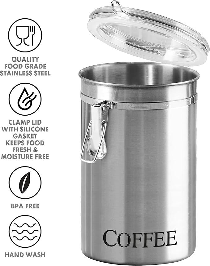 OGGI Stainless Steel Canister 62oz - Airtight Clamp Lid, Clear See-Thru Top. Large Size 5" x 7.5" & Jumbo 8" Stainless Steel Flour Clamp Canister - Airtight Food Storage Container Ideal, Dry Foods
