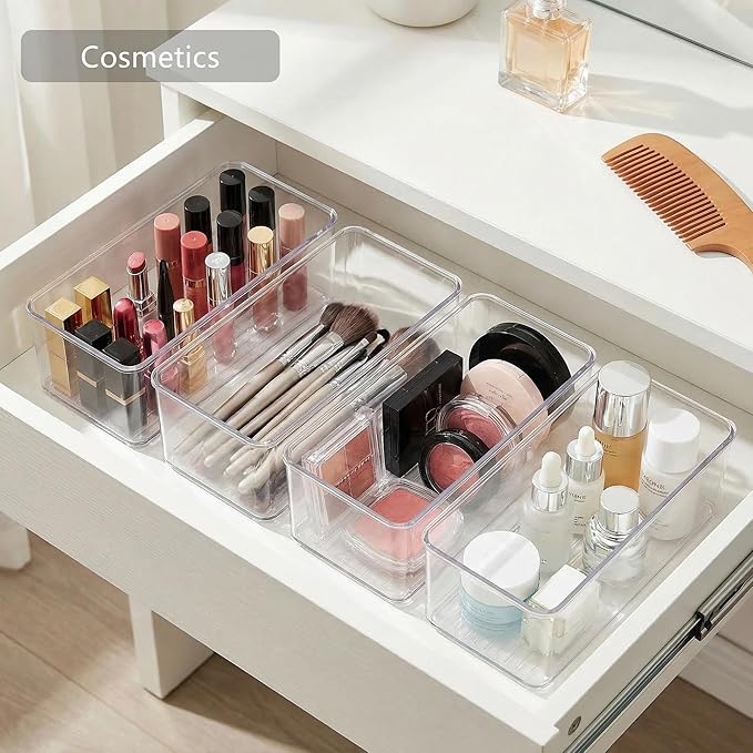 8 PACK Drawer Organizer Bins Bathroom Deep Drawer Organizer Tray for Cutlery Vanity Make-up, Clear Stackable Storage Bins for Kitchen Cabinet Closet Counter Organization and Storage