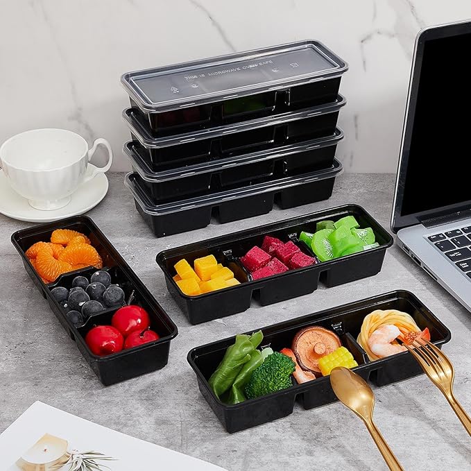 Hushee 5 Pack 17 oz Small Meal Prep Containers with 3 Compartments Snack Containers with Lid Disposable Plastic Bento Box Travel Lunch Food Boxes Stackable for Office Picnic (Black)