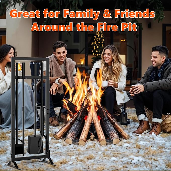 6 Pcs Fireplace Tools Set with Log Carrier, HXJLJY 34" Fireplace Accessories Sturdy Fire Tool Set Holder with Fire Poker Brush Shovel Tong Stand for Indoor Fireplace Outdoor Fire Pit Wood Stove,Square