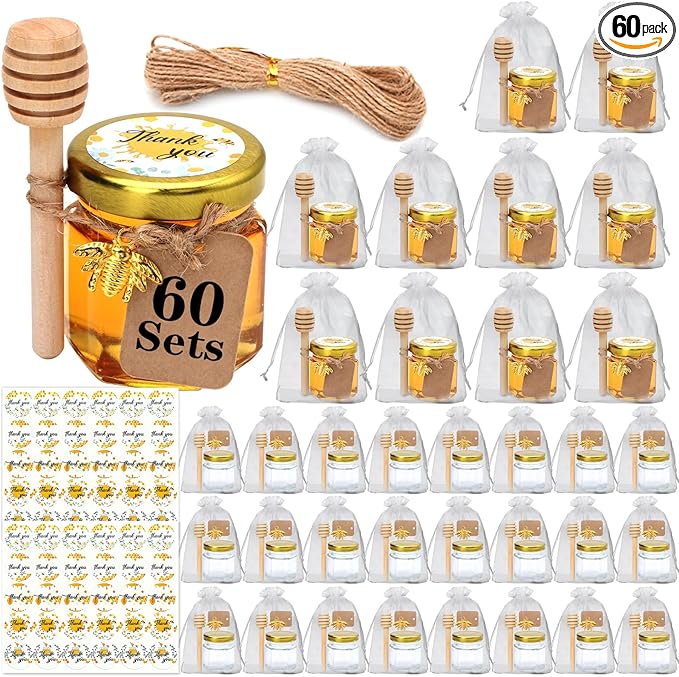 XING-RUIYANG 60 pack 1.5 oz Mini Honey Jars，baby shower favors,There's honey sticks, bee pendants, stickers and gold goodie bags，Suitable for wedding party gifts