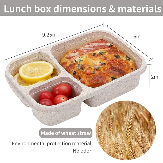 buluker 8 Pack Bento Lunch Box Set 3 Compartment Wheat Straw Meal Prep Food Storage Containers Plastic, Microwave and Dishwasher Safe(light colour)