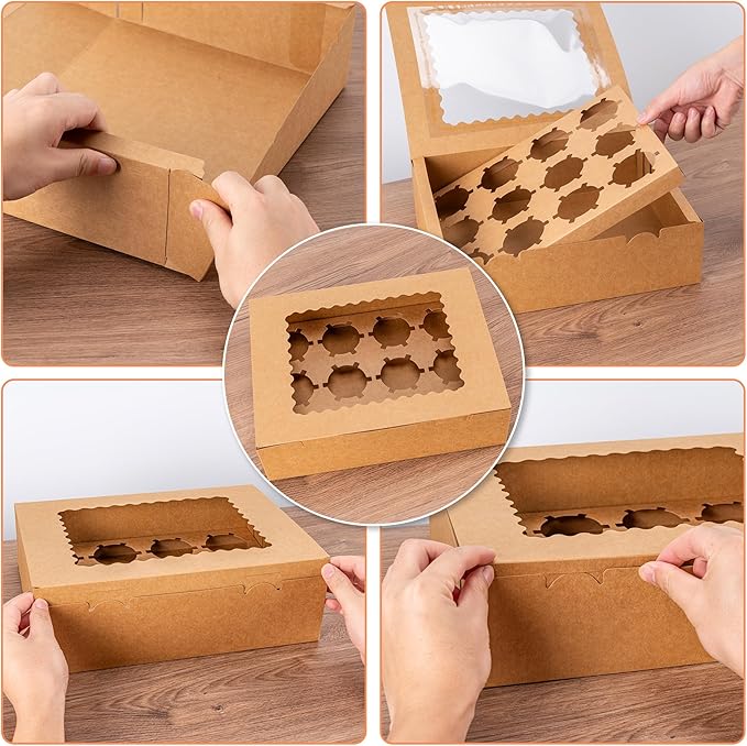 Hoewina 6PCS Cupcake Boxes - Hold 12 Count Cupcake Containers with Window, Food Grade Cupcake Holder Easy Transport and Presentation - Ideal for Cupcakes, Desserts, and More (Brown)