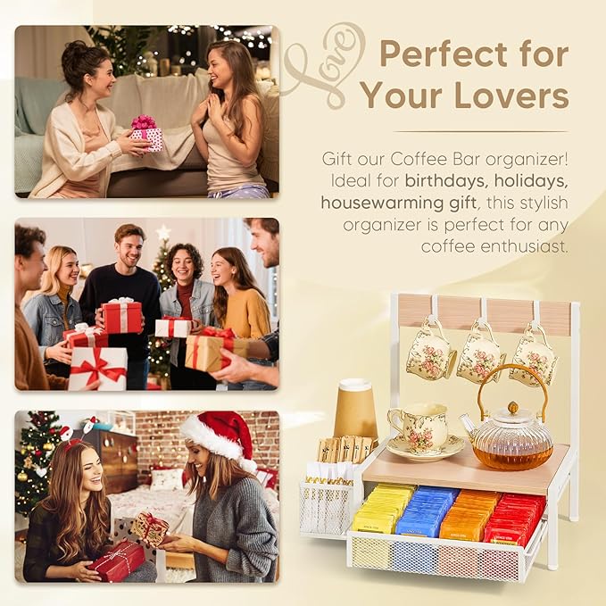DGWJSU Tea Bag Organizer, Wood Tea Organizer and Storage Cheast, Tea Bag Holder with Storage Drawer, 4 Hooks for Tea Cups Holder, Tea Station Chest Display Container Box for Countertop Kitchen (White)