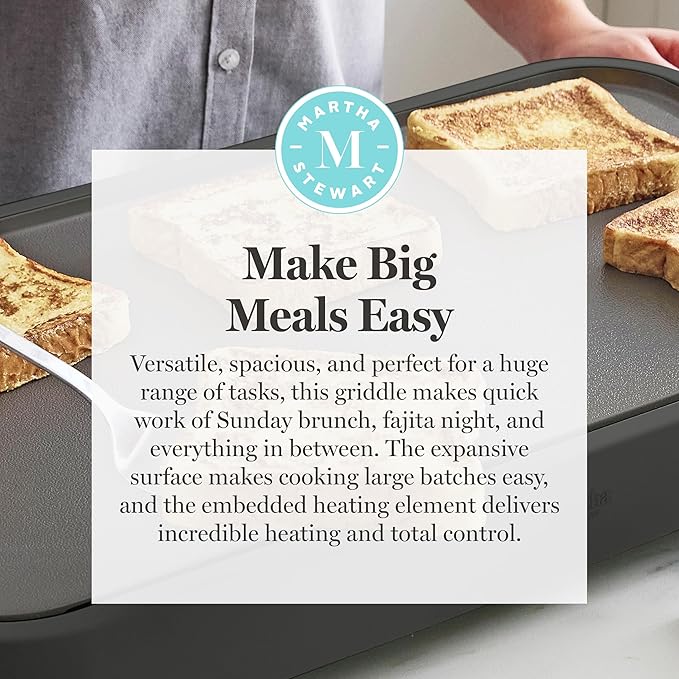 Martha Stewart 12” x 22” Electric Griddle, XL Ceramic Nonstick Flat Top Cooking Surface, Adjustable Temperature Dial, Drip Tray, Dishwasher Safe, 1500W Fast Even Heating, Pancakes & Eggs, Caviar Gray