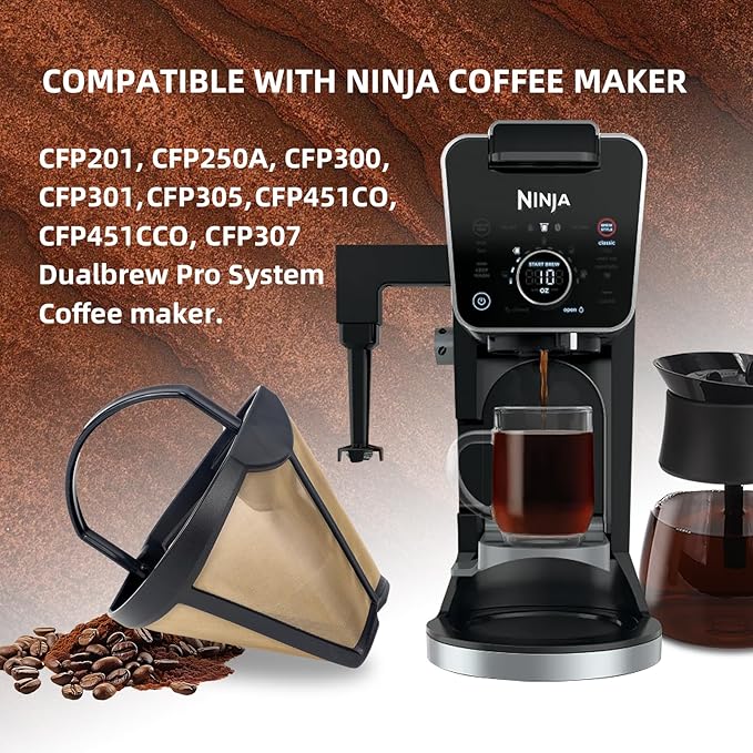 134KKW300 Coffee Permanent Filter for Ninja CFP Dual Brew Models, Reusable Coffee Filter Compatible with Ninja Coffee Maker CFP201 CFP250A CFP300 CFP301 CFP305 CFP451CO CFP451CCO CFP307 (1)