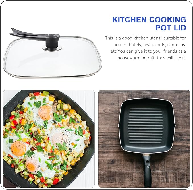 UPKOCH Basting Cover Square Glass Lid Replacement Cast Iron Grill Pan Skillet Lid Universal Pot Lid Pan Cover Steaming Cover Cookware Lid with Handle for Kitchen