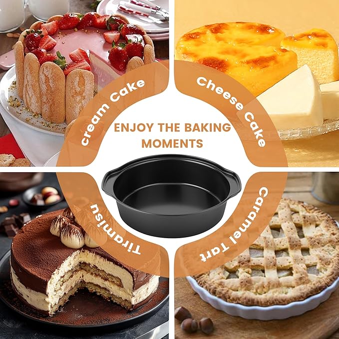 BEWOS 6 Inch Cake Pan Set - 3 Pcs Carbon Steel Round Cake Pans with 100 Pcs Parchment Paper, Round Cake Pans, Nonstick Baking Pans Set with Handle, Dishwasher Safe