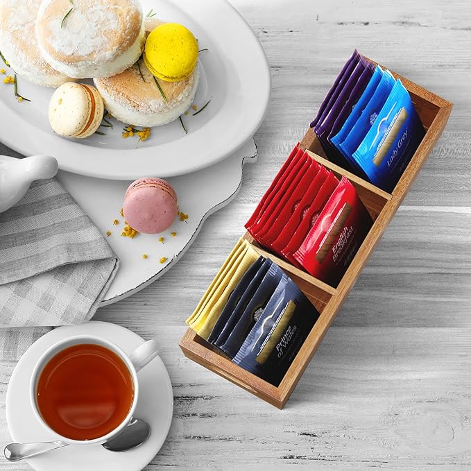 DRASTAR Tea Bag Organizer, Acacia Tea Bag Holder, Tea Storage Containers with 3 Slots, Wooden Tea Storage Accessories, Mini Tea Bag Caddy Box for Countertop