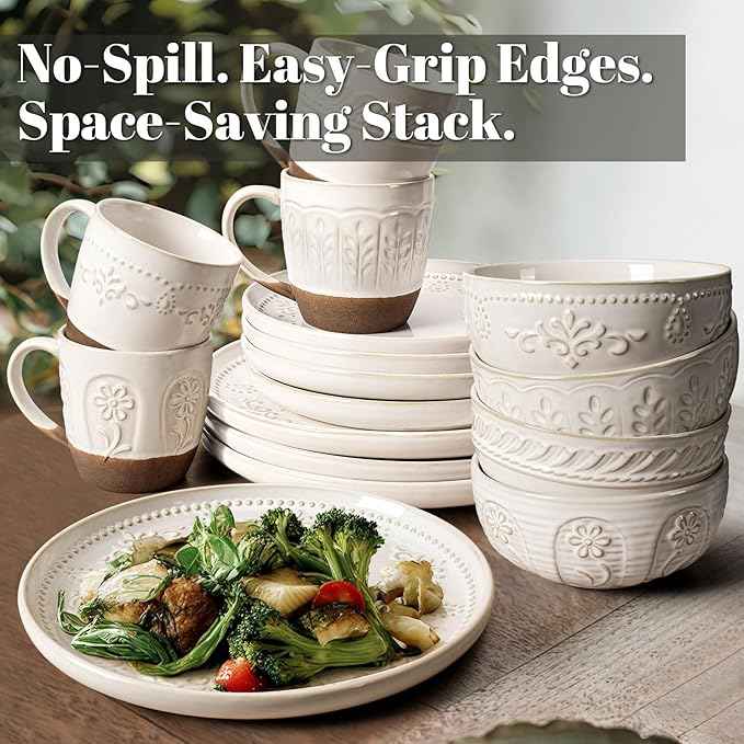 Artena Plates And Bowls Sets, 16 Pieces Dinnerware Sets, Dish Set For 4, Ceramic Kitchen Bowl And Plate Set, Embossed White Dishware Sets, Dishwasher & Microwave Safe (Multiple Patterns) (With Mugs)