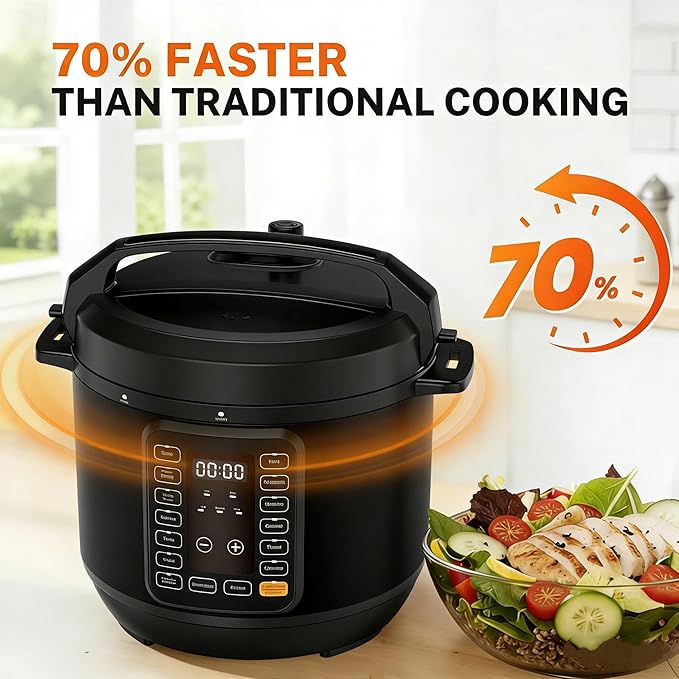 Simple Deluxe 8QT Electric Pressure Cooker, 16-in-1 & Non-Stick Stainless Steel Multi Cooker with 12 Presets for Slow Cook, Meat Stew, Steam, Sauté, Canning, Yogurt Maker, Dishwasher Safe, Black
