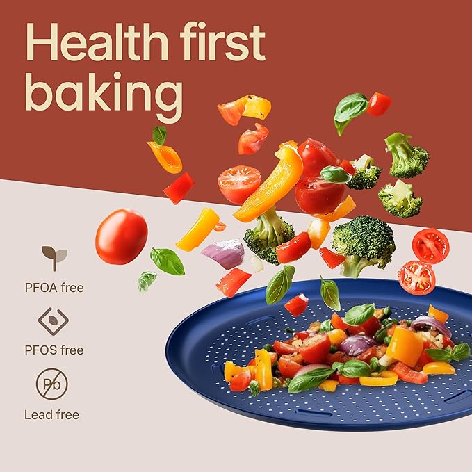 Bakken 16 Inch Non-Stick Pizza Pan 1 Pack, Round Carbon Steel Pizza Tray with Perforated Holes, PFOA, PFOS, & PTFE-Free, Dishwasher & Oven Safe Up To 450°F, Durable Nonstick Coating, Blue