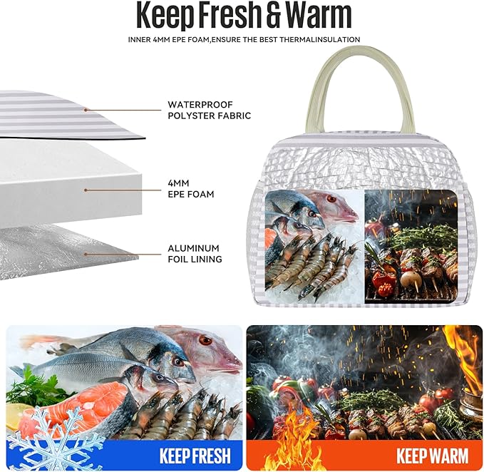 douyadady Lunch Bag Women/Men Lunch Box Women/Men (Grey+White Stripes)