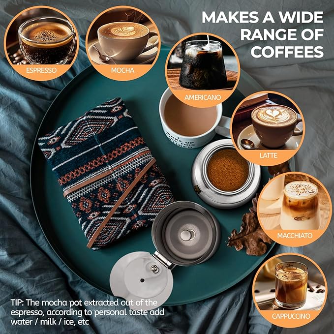 4 Cup 200ml Moka Pot Stainless Steel Espresso Coffee Maker Stovetop Coffeemaker Italian Classic Style Brewing Greca Cafe Mocha Machine for Cafeteras Lover Camping Travel and Home Use 6.6oz
