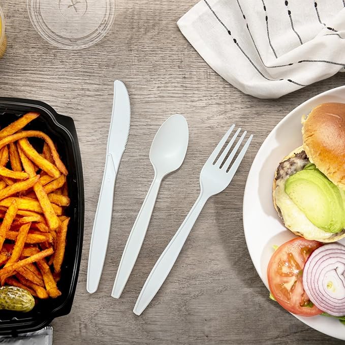 Ivory White No Plastic Silverware, Disposable Compostable Utensils 100 Forks 100 Spoons 100 Knives Disposable Cutlery, Eco Friendly Compostable Utensils, Disposable Forks Spoons Knives Set