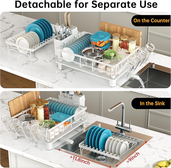 Dish Drying Rack, 2 Tier Dish Racks for Kitchen Counter, Compact Dish Drainer Rack, Detachable Dish Rack with Drainboard, Utensil Holder, Cup Holder for Small Space - White