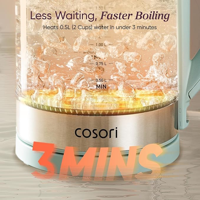 Cosori Electric Kettle, No Plastic Contact With Water, Wide Mouth For Easy Cleaning, Auto Shut Off, 1.7L Tea Kettle & Hot Water Boiler, Water Heater & Teapot, Borosilicate Glass, Green, 1500W