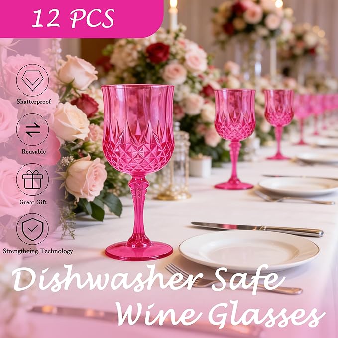 Plastic Wine Glasses, Plastic Goblets Vintage Style Cordial Unbreakable Drinking Glasses, Reusable Drinkware for Wedding Reception, Grand Event Party Supplies, Mother's Day (12, Hot Pink)