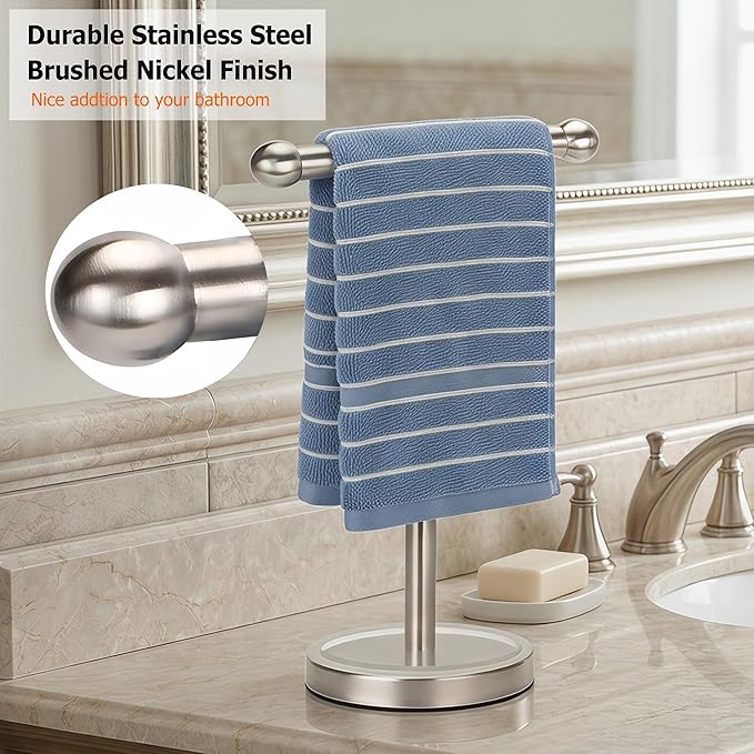 Hand Towel Holder Stand with Heavy Stainless Steel Base, T-Shape Towel Rack, Free-Standing Towel Holder Countertop for Bathroom (Brushed Nickel)